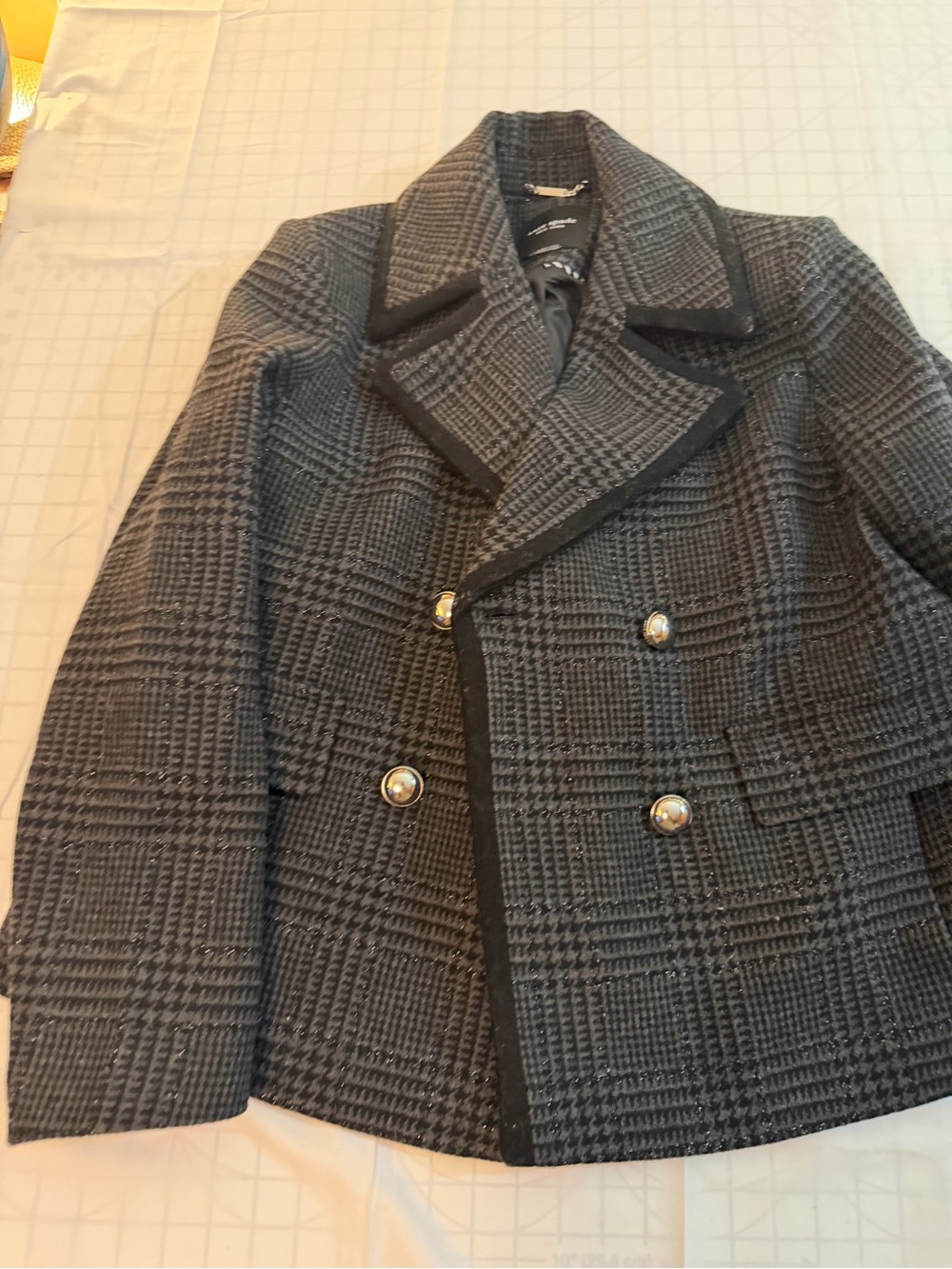 kate spade Black and Gray Plaid Double-Breasted Peacoat